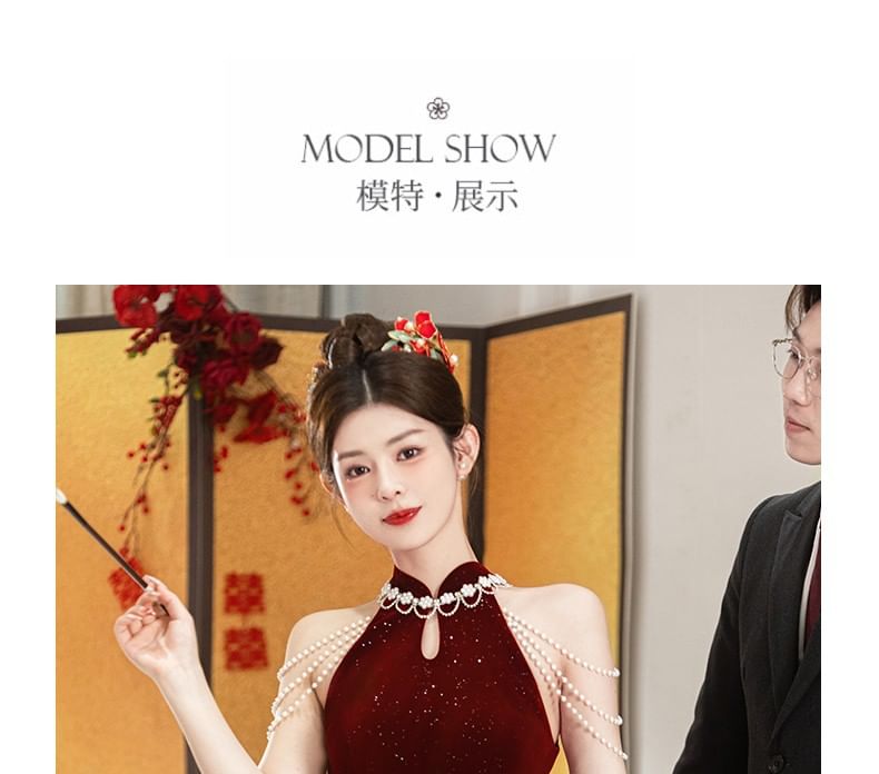 Sleeveless Mandarin Collar Beaded A-Line Evening Gown