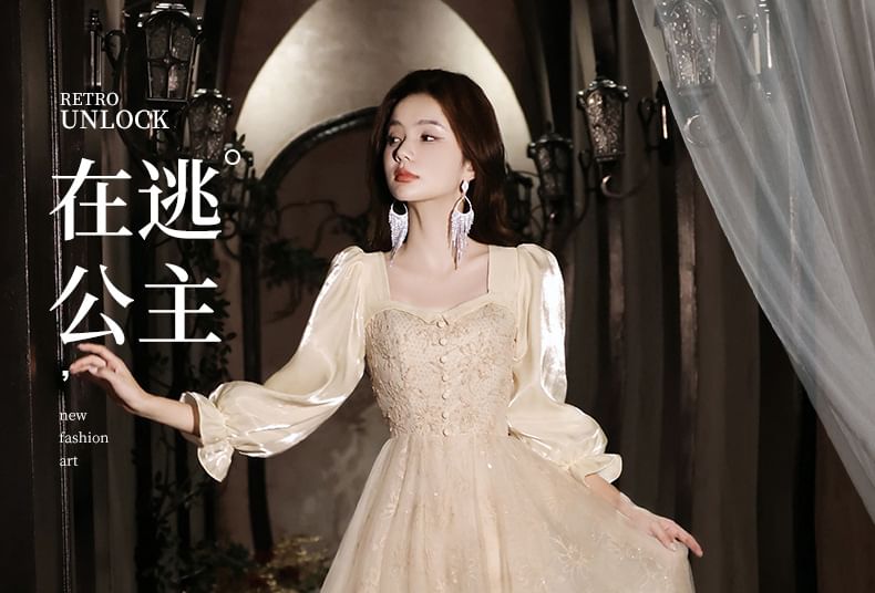 Long-Sleeve Floral Mesh A-Line Evening Gown