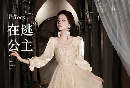 Long-Sleeve Floral Mesh A-Line Evening Gown