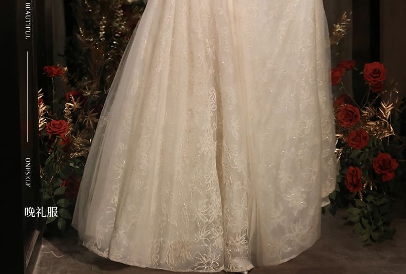 Long-Sleeve Floral Mesh A-Line Evening Gown