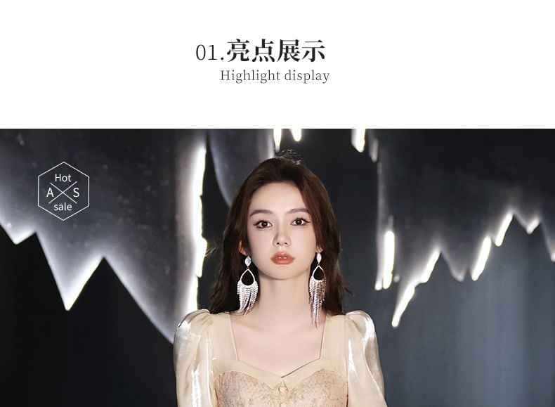 Long-Sleeve Floral Mesh A-Line Evening Gown