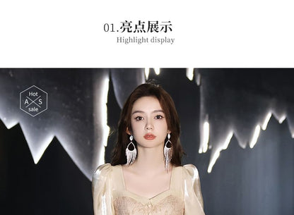 Long-Sleeve Floral Mesh A-Line Evening Gown