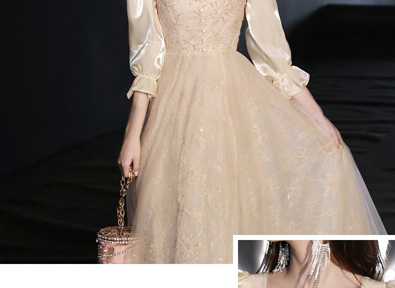 Long-Sleeve Floral Mesh A-Line Evening Gown