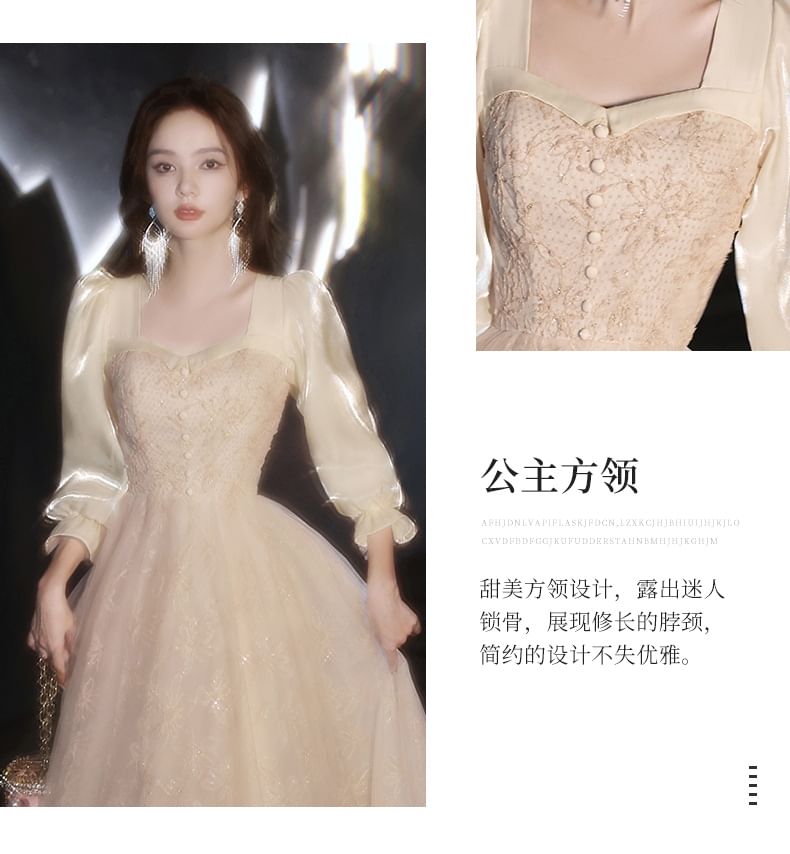 Long-Sleeve Floral Mesh A-Line Evening Gown