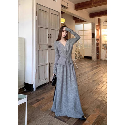 Maxi A-Line Skirt and V-Neck Lace Trim Cardigan Set