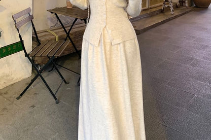 Maxi A-Line Skirt and V-Neck Lace Trim Cardigan Set