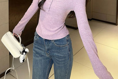 Scoop Neck Ribbed T-Shirt with Lace Trim and Long Sleeves
