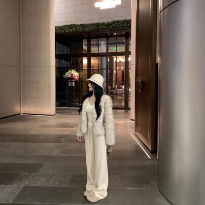 Striped Faux Fur Jacket / Drawstring Waist Plain Wide Leg Pants