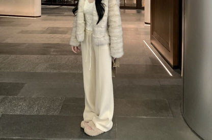 Striped Faux Fur Jacket / Drawstring Waist Plain Wide Leg Pants
