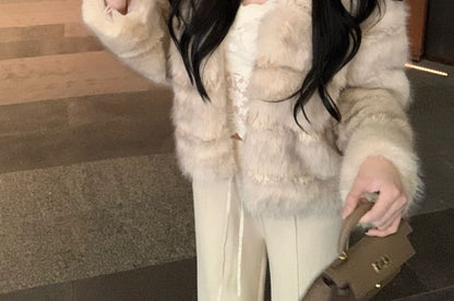 Striped Faux Fur Jacket / Drawstring Waist Plain Wide Leg Pants