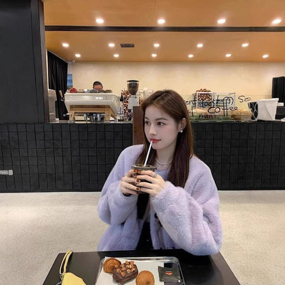 Puff-Sleeve Plain Fluffy Single-Breasted Jacket / High Waist Maxi H-Line Skirt