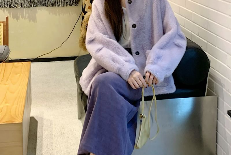 Puff-Sleeve Plain Fluffy Single-Breasted Jacket / High Waist Maxi H-Line Skirt