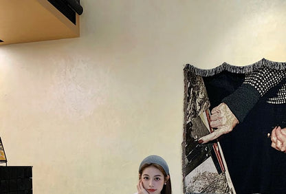 Puff-Sleeve Plain Fluffy Single-Breasted Jacket / High Waist Maxi H-Line Skirt