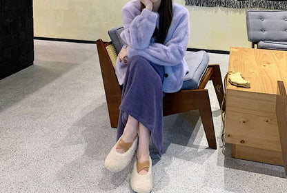 Puff-Sleeve Plain Fluffy Single-Breasted Jacket / High Waist Maxi H-Line Skirt