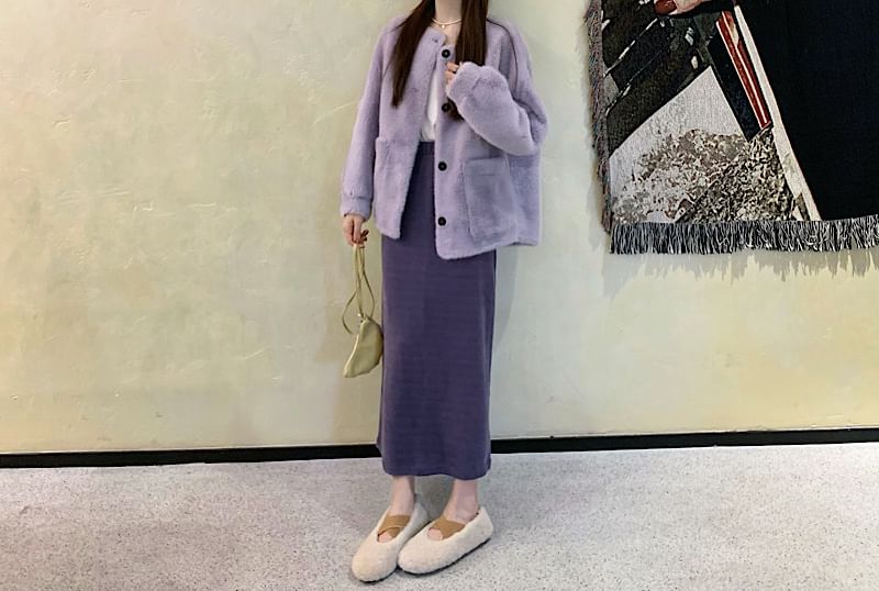 Puff-Sleeve Plain Fluffy Single-Breasted Jacket / High Waist Maxi H-Line Skirt