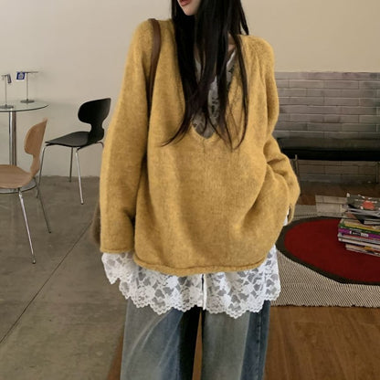 Long-Sleeve Lace Sweater with V-Neck Design