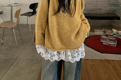Long-Sleeve Lace Sweater with V-Neck Design