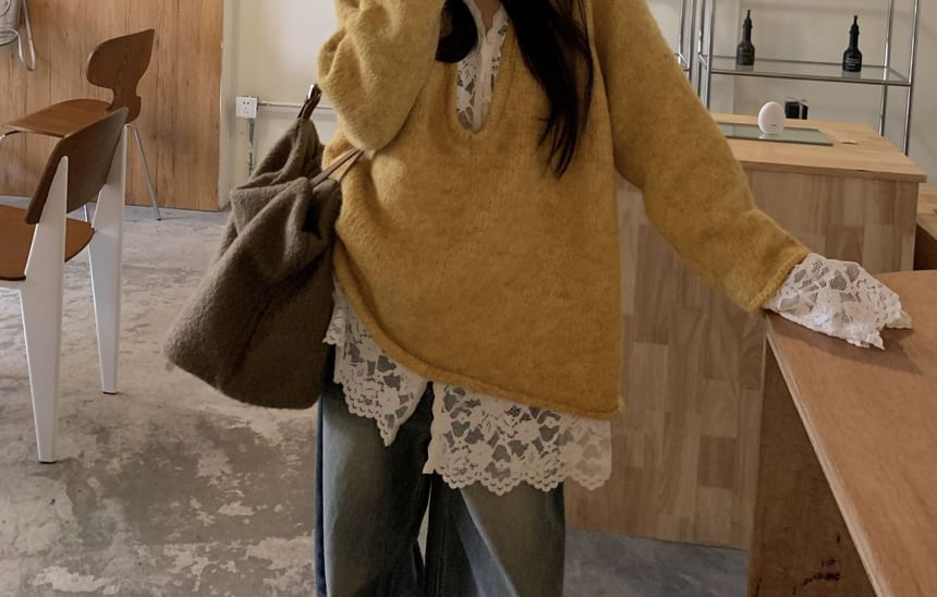 Long-Sleeve Lace Sweater with V-Neck Design