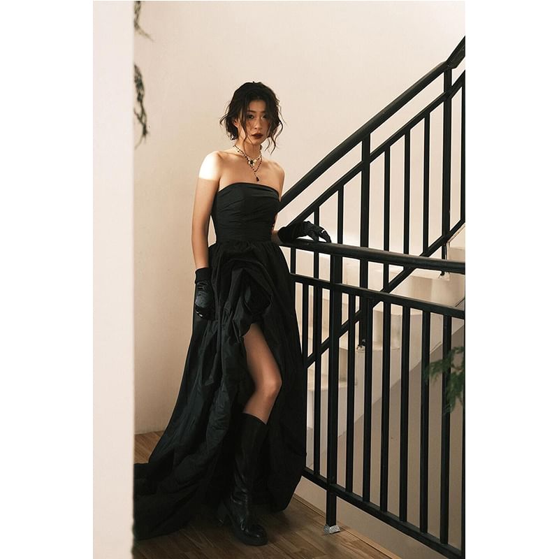 Strapless Plain Ruched Trained Slit A-Line Evening Gown
