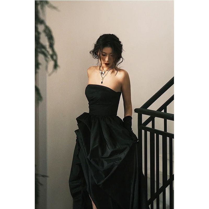 Strapless Plain Ruched Trained Slit A-Line Evening Gown