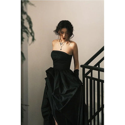 Strapless Plain Ruched Trained Slit A-Line Evening Gown