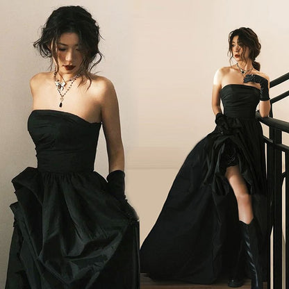 Strapless Plain Ruched Trained Slit A-Line Evening Gown