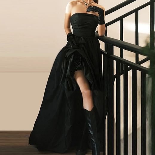 Strapless Plain Ruched Trained Slit A-Line Evening Gown