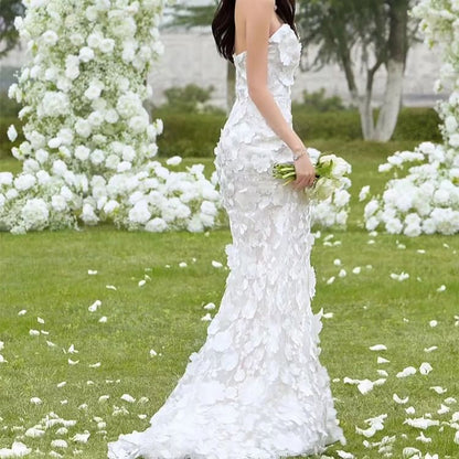Strapless Notch Neck Floral Applique Trained Mermaid Wedding Gown