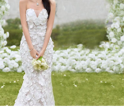 Strapless Notch Neck Floral Applique Trained Mermaid Wedding Gown