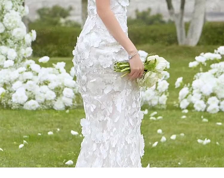 Strapless Notch Neck Floral Applique Trained Mermaid Wedding Gown