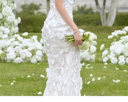 Strapless Notch Neck Floral Applique Trained Mermaid Wedding Gown