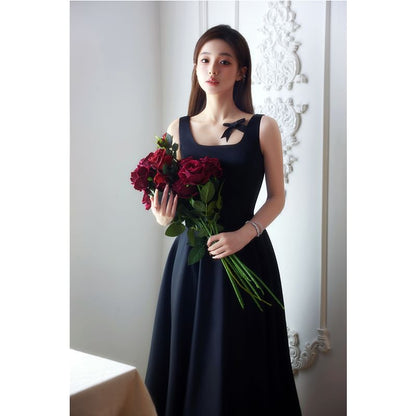 Sleeveless Square Neck Plain Satin Midi A-Line Cocktail Dress