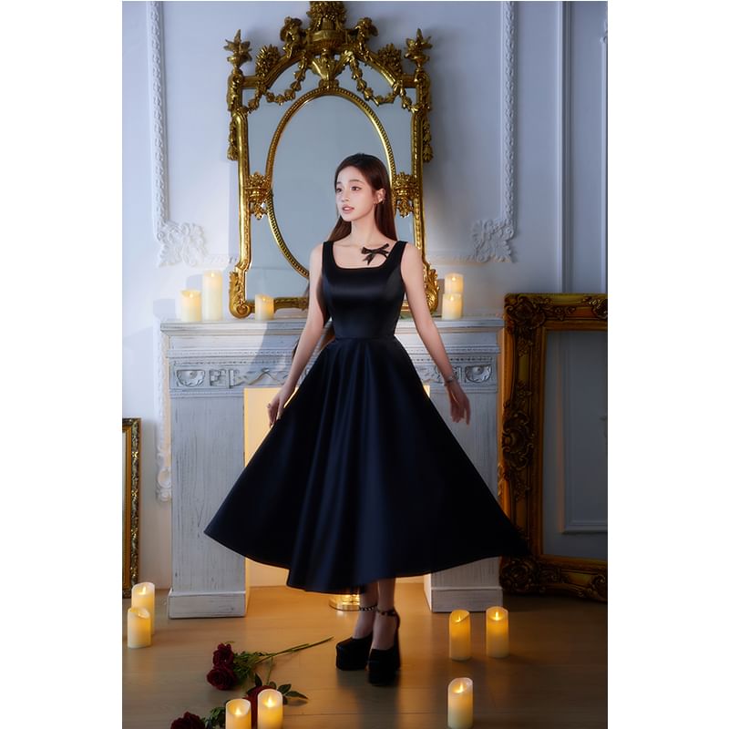 Sleeveless Square Neck Plain Satin Midi A-Line Cocktail Dress
