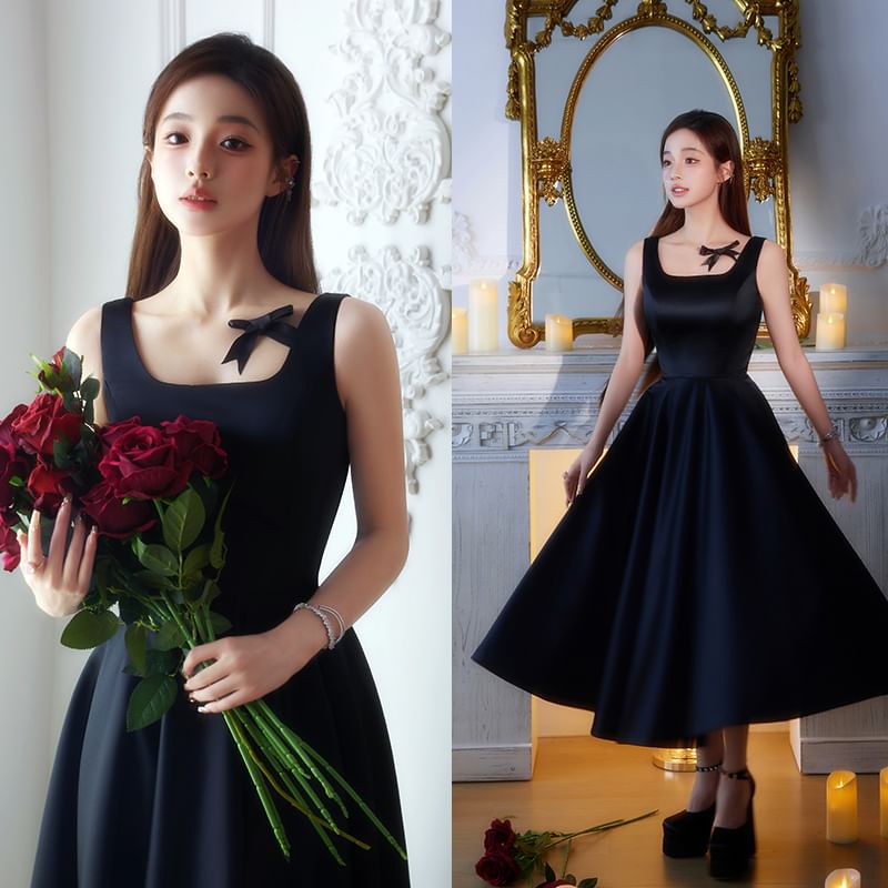 Sleeveless Square Neck Plain Satin Midi A-Line Cocktail Dress