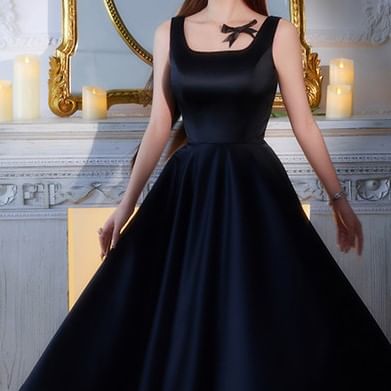 Sleeveless Square Neck Plain Satin Midi A-Line Cocktail Dress