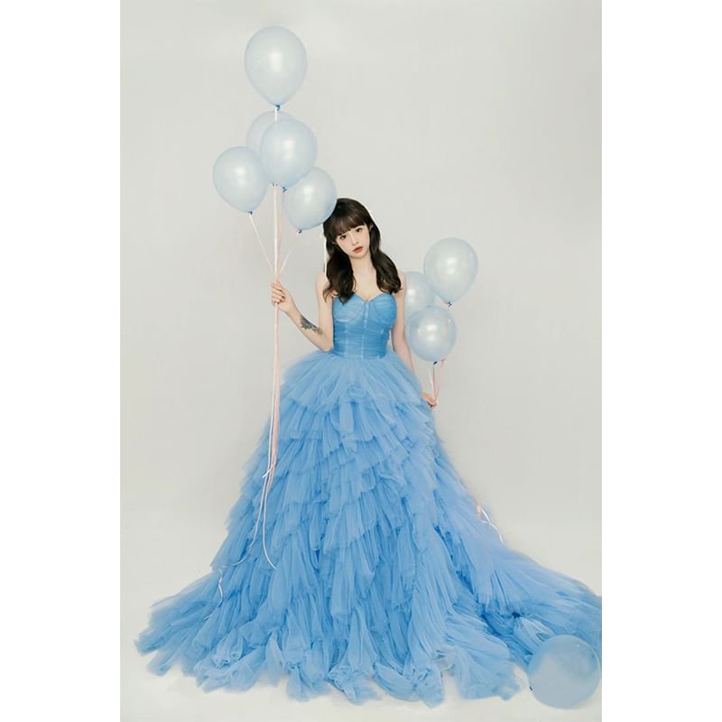 Strapless Sweetheart Neckline Plain Ruched Ruffle Ball Gown