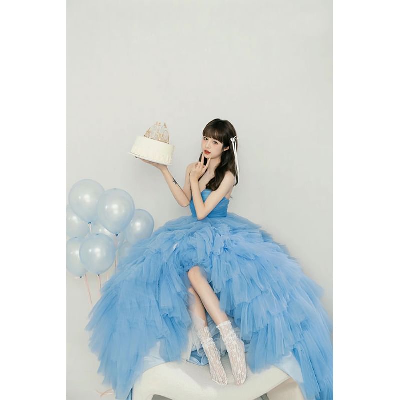 Strapless Sweetheart Neckline Plain Ruched Ruffle Ball Gown