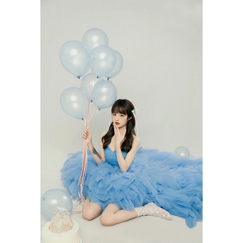 Strapless Sweetheart Neckline Plain Ruched Ruffle Ball Gown