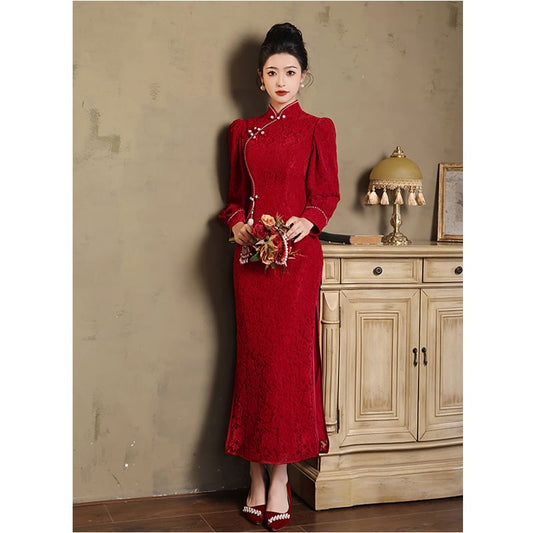 Long-Sleeve Stand Collar Beaded Frog Buttoned Slit Lace Maxi Sheath Qipao
