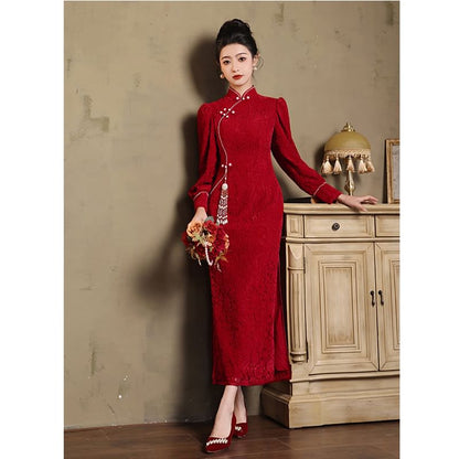 Long-Sleeve Stand Collar Beaded Frog Buttoned Slit Lace Maxi Sheath Qipao