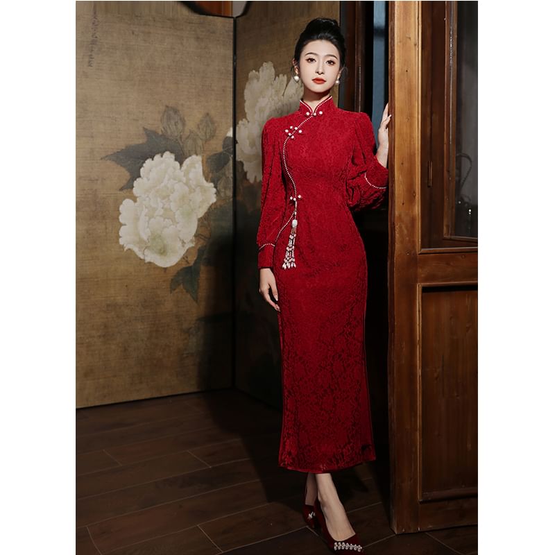 Long-Sleeve Stand Collar Beaded Frog Buttoned Slit Lace Maxi Sheath Qipao
