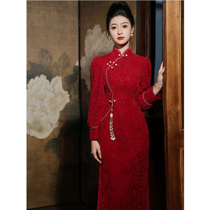 Long-Sleeve Stand Collar Beaded Frog Buttoned Slit Lace Maxi Sheath Qipao