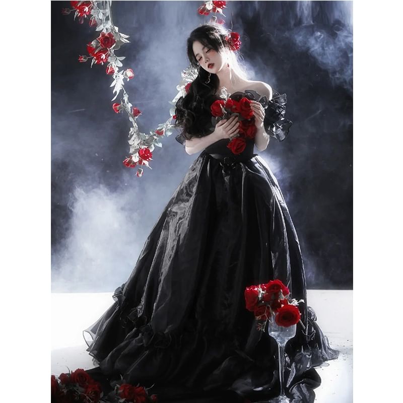 Short-Sleeve Off-Shoulder Plain Ruffle Trim A-Line Evening Gown