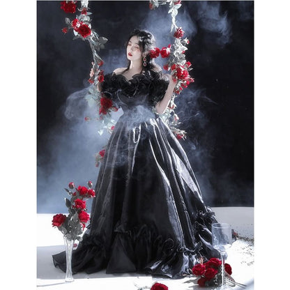 Short-Sleeve Off-Shoulder Plain Ruffle Trim A-Line Evening Gown