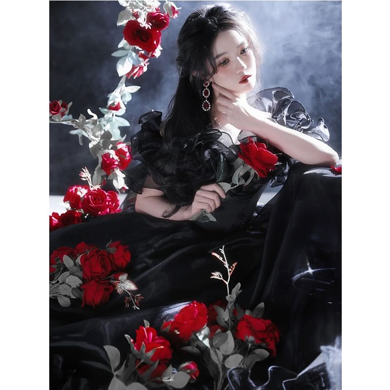 Short-Sleeve Off-Shoulder Plain Ruffle Trim A-Line Evening Gown