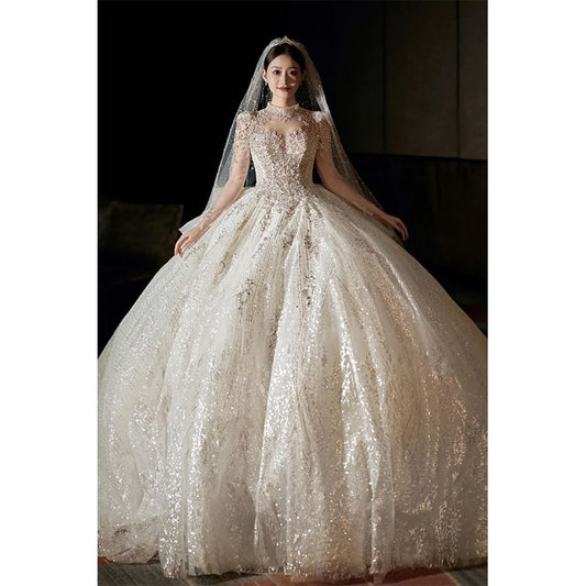 Long-Sleeve Mock Neck Embellished Wedding Ball Gown