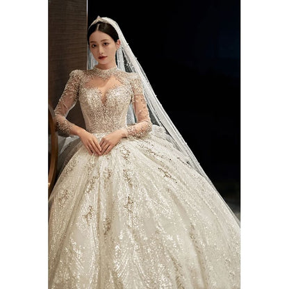 Long-Sleeve Mock Neck Embellished Wedding Ball Gown