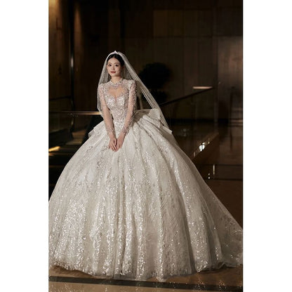 Long-Sleeve Mock Neck Embellished Wedding Ball Gown
