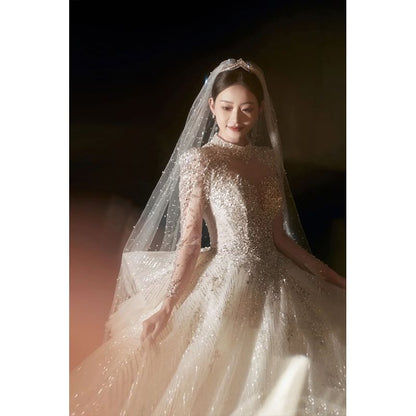 Long-Sleeve Mock Neck Embellished Wedding Ball Gown
