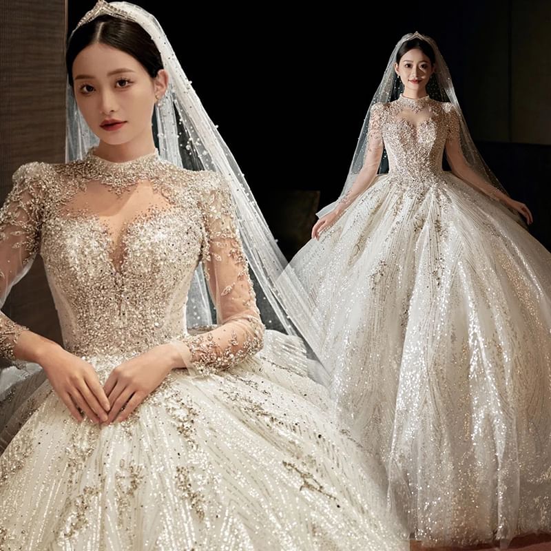 Long-Sleeve Mock Neck Embellished Wedding Ball Gown